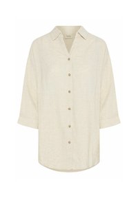 Blusa in lino off-white con chiusura a bottoni, maniche corte arrotolate e orlo arrotondato. Presenta bottoni beige e colletto.