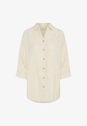 Leinenbluse in Off-White mit einer Knopfleiste vorne, kurzen aufgerollten Ärmeln und einem abgerundeten Saum. Verfügt über beige Knöpfe und einen Kragen.