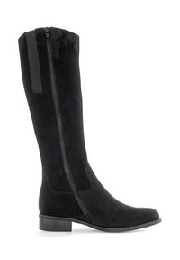 Zwarte suède kniehoge laars met een zijrits, ronde neus en een lage blokhak. Heeft elastische accenten voor een aansluitende look.