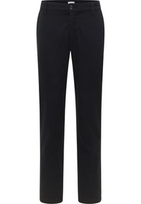 Schlichte schwarze Hose mit geradem Bein, vorderer Knopfleiste und Gürtelschlaufen. Hergestellt aus einem glatten, strapazierfähigen Stoff.