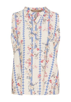 Ærmeløs bluse i let stof med et blomstermønster i pink og blå nuancer på en cremefarvet baggrund, med krave og knapstolpe.