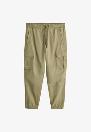 Helle olivgrüne Cargohosen aus weichem Stoff, mit elastischem Bund, Kordelzug, mehreren Taschen und elastischen Bündchen.