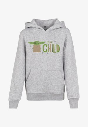 Pelēks kapuce, kurai ir grafika ar zaļu varoni ar lielām ausīm, uzraksts "BĒNIS" zaļā un brūnā krāsā, un priekšējā kabata.