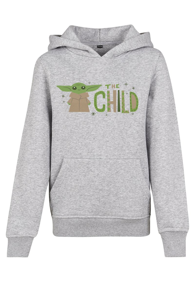 Siv hoodie z grafikami zelenega lika z velikimi ušesi, besedilom "OTROK" v zeleni in rjavi barvi ter sprednjim žepom.