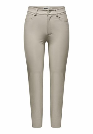 Beige Hosen mit Slim Fit, mittelhoher Taille, Fronttaschen und glatter Textur. Knopfverschluss mit Gürtelschlaufen.