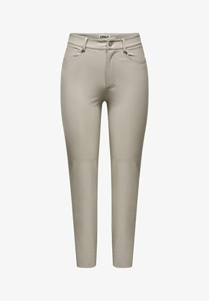 Beige trousers with a slim fit, featuring a mid-rise waist, front pockets, and a smooth texture. Button closure with belt loops.
