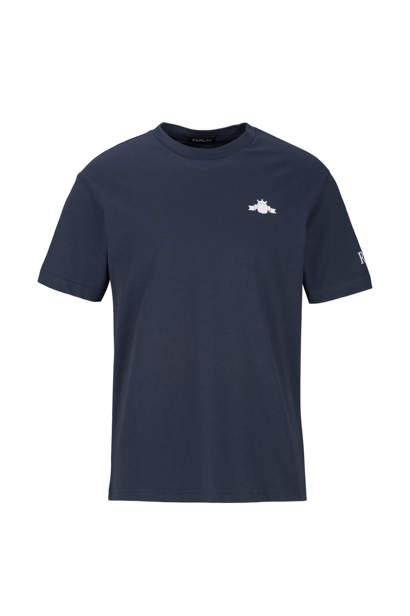 Navyblaue Baumwoll-T-Shirt mit Rundhalsausschnitt. Verfügt über ein kleines weißes Logo auf der Brust und ein Markenlabel an der Ärmel. Kurze Ärmel.