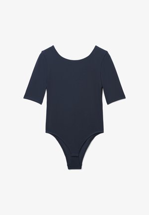 Body aderente a maniche corte colore blu navy con scollo a U e aperture per le gambe alte, mostrato su sfondo bianco.