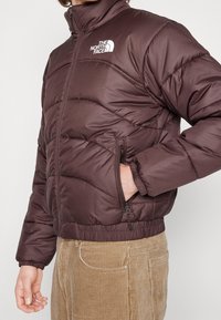 Brązowa kurtka ocieplana z wysokim kołnierzem, zapinanymi na zamek kieszeniami i elastycznym pasem. Charakteryzuje się białym logo North Face na klatce piersiowej.