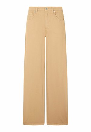 Jeans beige a vita alta con gamba larga, con bottone frontale, zip e design classico a cinque tasche su sfondo bianco.
