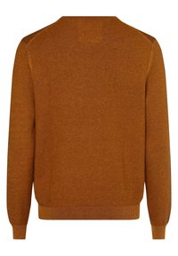 Maglione marrone lavorato a maglia con scollatura a girocollo, tessuto testurizzato, polsini e fondo a coste, e colore uniforme in tutto. Nessun motivo o dettagli aggiuntivi.