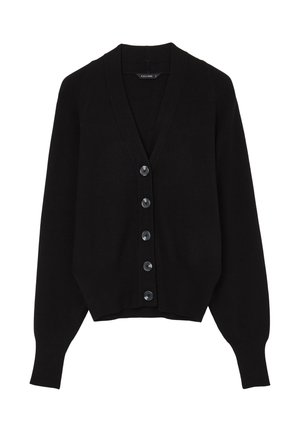 Schwarzer Cardigan mit V-Ausschnitt, langen Ärmeln und vier Knöpfen auf der Vorderseite. Hergestellt aus einem weichen Stoff mit geripptem Saum und Textur an den Bündchen.