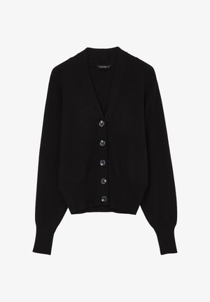 Cardigan nero con scollatura a V, maniche lunghe e quattro bottoni sul davanti. Realizzato in un tessuto morbido con una texture a coste sull'orlo e sui polsini.