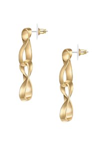 Örhängen i guldfärgad metall med en tvinnad, slinga design. Har en stiftbakdel och en slät, glänsande yta.