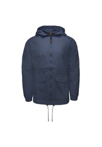 Giacca leggera blu scuro con cappuccio, chiusura frontale con zip, due tasche a pattina e coulisse regolabile all'orlo e ai polsini.