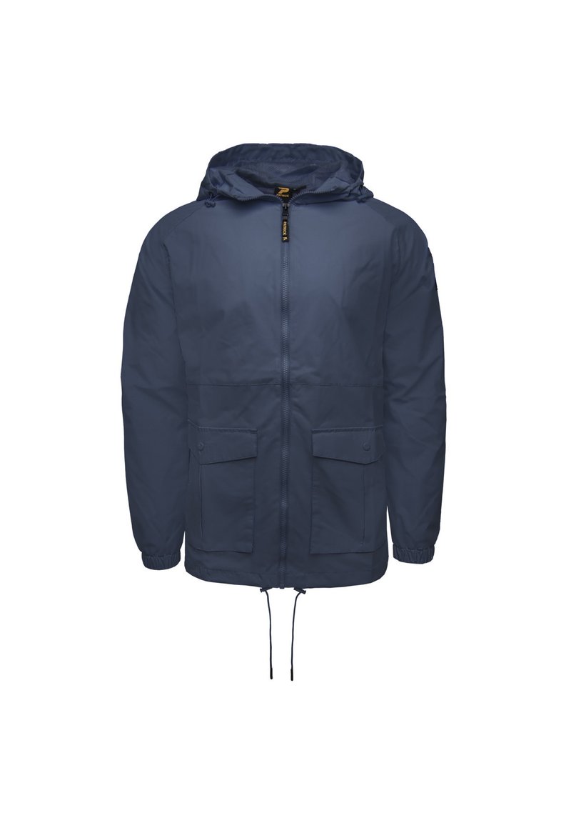 Giacca leggera blu scuro con cappuccio, chiusura frontale con zip, due tasche a pattina e coulisse regolabile all'orlo e ai polsini.