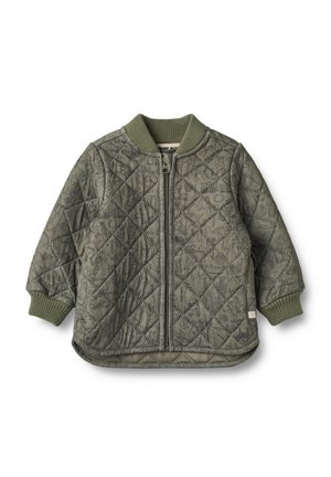 Pikowana oliwkowozielona kurtka dla malucha z nadrukiem zwierząt i przedmiotów, z prążkowanym kołnierzem i mankietami oraz zamkiem błyskawicznym z przodu.