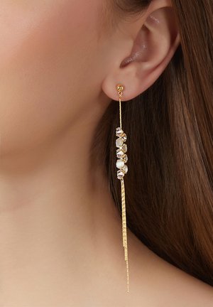 Gold-tone earrings featuring a vertical design with decorative, faceted stones and a fine chain, creating a dangling effect.