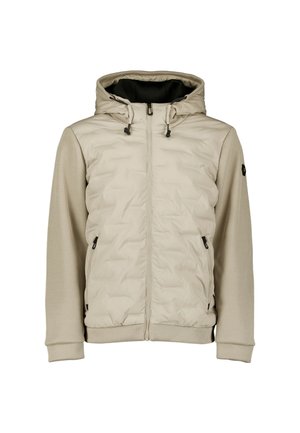 Beige Puffjacke mit strukturiertem Strickstoff an den Ärmeln und Seiten, ausgestattet mit Kapuze, Reißverschluss vorne und Seitentaschen.