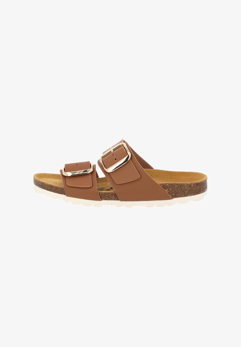 Brun syntetisk slidesandal med två justerbara remmar, var och en med metallspännen, korkfotbädd och strukturerad vit gummisula.