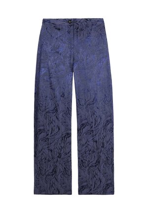 Wijde broekspijpen in donkerblauw met een gestructureerd, abstract patroon. Voorzien van een knoopsluiting en zijzakken. Zachte stof met een gladde afwerking.