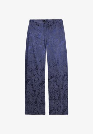 Wide-leg pants in dark blue with a textured, abstract pattern. Features a button closure and front pockets. Soft fabric with a smooth finish.