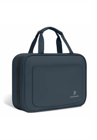 Borsa rettangolare blu navy con due manici, una tasca frontale e una texture liscia. Presenta un logo discreto sul lato e una chiusura con zip.