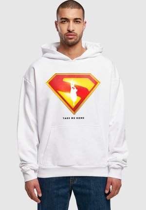 White hoodie featuring a large red and yellow Superman logo with the text "TAKE ME HOME" beneath it.  Cotton material, relaxed fit.