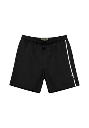Pantaloncini neri con vita elastica, tasche laterali e una striscia verticale bianca con un piccolo logo sulla parte inferiore della gamba destra.