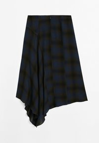 Jupe asymétrique bleu marine avec un motif à carreaux foncé. Fabriquée en tissu doux, elle possède une fermeture éclair cachée à l'arrière.