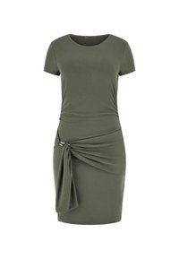 Kleid in olivgrün aus weichem Stoff, mit kurzen Ärmeln, rundem Halsausschnitt und einem verdrehten Seitendetail mit drapiertem Effekt.