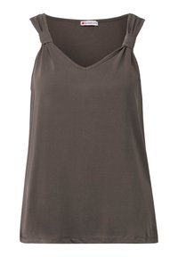 Top senza maniche grigio scuro con scollatura a V, dotato di dettagli annodati sulle spalle e di un tessuto liscio e elasticizzato. L'orlo è dritto e pulito.
