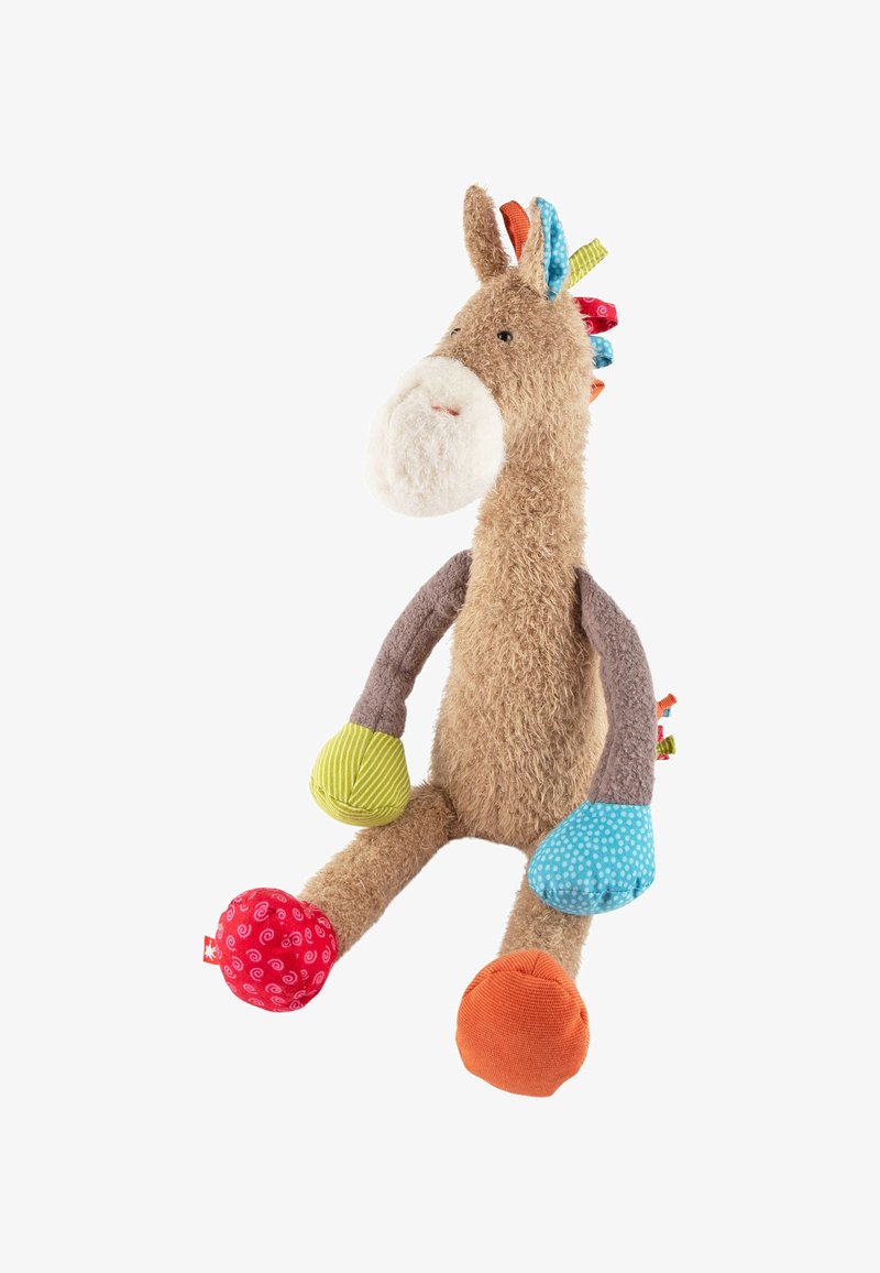 Jouet âne en peluche avec un corps beige moelleux, des bras gris et des accents en tissu colorés sur les membres présentant des motifs distincts comme des pois et des rayures.