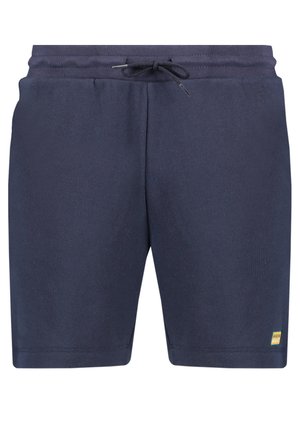 Marineblå afslappede shorts med elastisk taljebånd og sort snøre, med et lille gult logopatch nederst på højre ben.