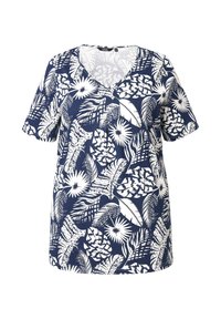Krátký rukáv, námořnická modrá tričko s výstřihem do V, s bílým tropickým vzorem listů a květin. Měkký materiál z bavlněné směsi, volný střih.