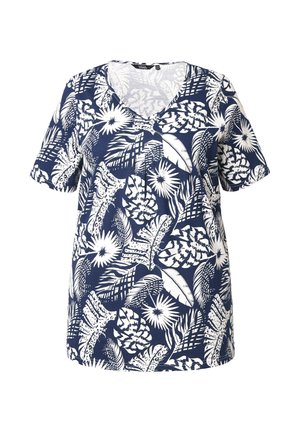 Kortærmet navy t-shirt med V-hals, med et hvidt mønster af tropiske blade og blomster. Blødt bomuldsblandingsmateriale, afslappet pasform.