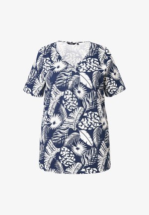 Krátký rukáv, námořnická modrá tričko s výstřihem do V, s bílým tropickým vzorem listů a květin. Měkký materiál z bavlněné směsi, volný střih.