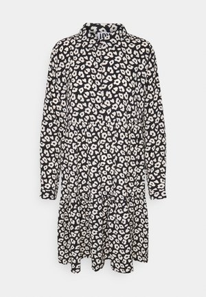 Black long-sleeve dress with white abstract floral print, buttoned front, gathered waist, and a classic collar.