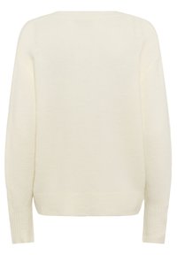 Ivory sweater with a soft texture, oversized shape, and ribbed cuffs and hem. Features a simple, clean back design.