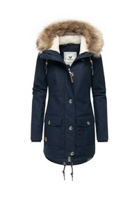 Navy parka jacket with fur-lined hood, two front pockets, snap buttons, drawstring waist, and soft textured inner lining.