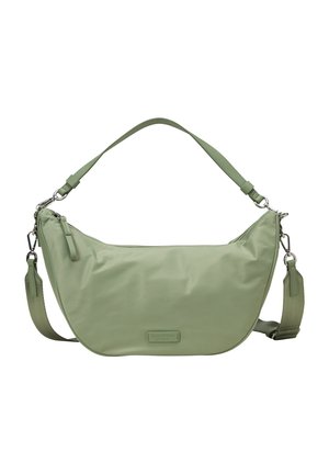 Sac bandoulière vert clair en forme de croissant avec des bretelles réglables et des éléments en métal argenté, doté d'une fermeture éclair sur le dessus.