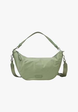 Lichtgroene schoudertas in halvemaanvorm met verstelbare bandjes en zilverkleurige accenten, voorzien van een rits aan de bovenkant.