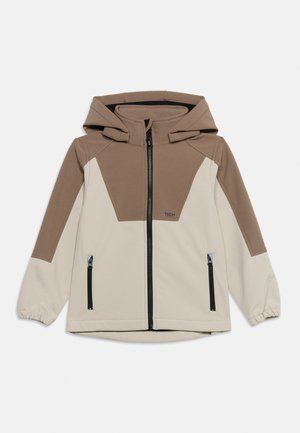 Børns hættejakke med frontlynlås, lynlåslommer og tofarget beige og brun farveblok.