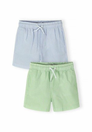 Dwie pary pasiastych szortów z elastycznymi pasami i białymi sznureczkami do wiązania; jedne w niebiesko-białe pasy, drugie w zielono-białe.
