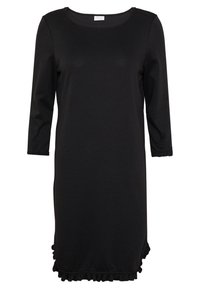 Černé bavlněné šaty s tříčtvrtečními rukávy, kulatým výstřihem a volánkovým lemem. Hladká textura a jednoduchý, klasický design.
