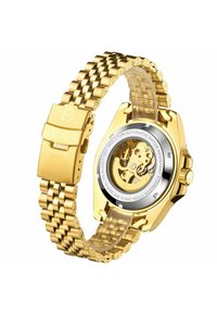 Gouden roestvrijstalen horloge met een skeleton achterkant, expressieve mesh armband en een gepolijste afwerking. Voorzien van een robuuste sluiting en een heldere wijzerplaat.