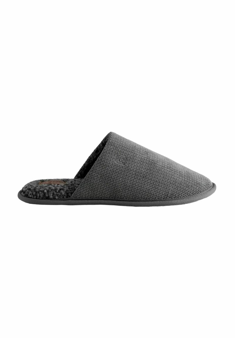 Grauer Textilschuh mit strukturiertem Obermaterial und weichem, flauschigem Innenleben. Gepolsterte Sohle und minimalistisches Design, offener Rücken für einfaches An- und Ausziehen.