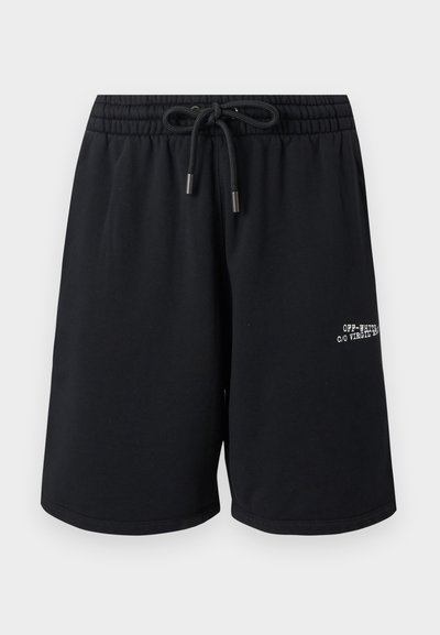Shorts à taille élastique noire avec cordon de serrage noir et petit texte blanc « Off-White c/o Virgil » sur la jambe inférieure droite.