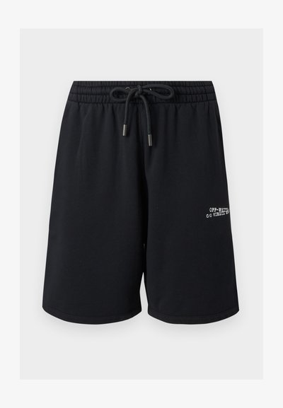 Shorts à taille élastique noire avec cordon de serrage noir et petit texte blanc « Off-White c/o Virgil » sur la jambe inférieure droite.