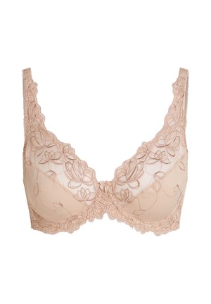 Beiger Spitzen-BH mit floraler Stickerei, gewellten Rändern, Bügelunterstützung und verstellbaren Trägern.